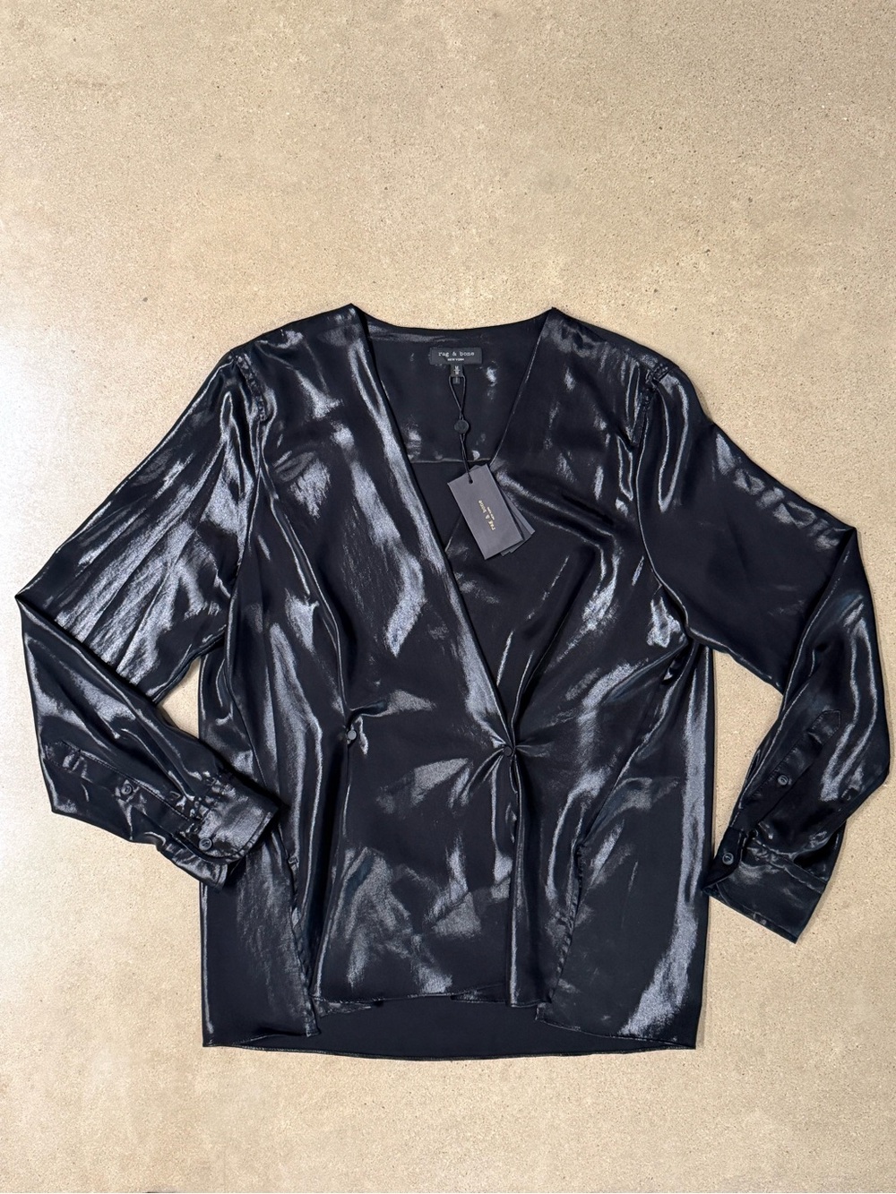 rag & bone Debbie Top Black Foil Coated Draped Blouse NWT Medium